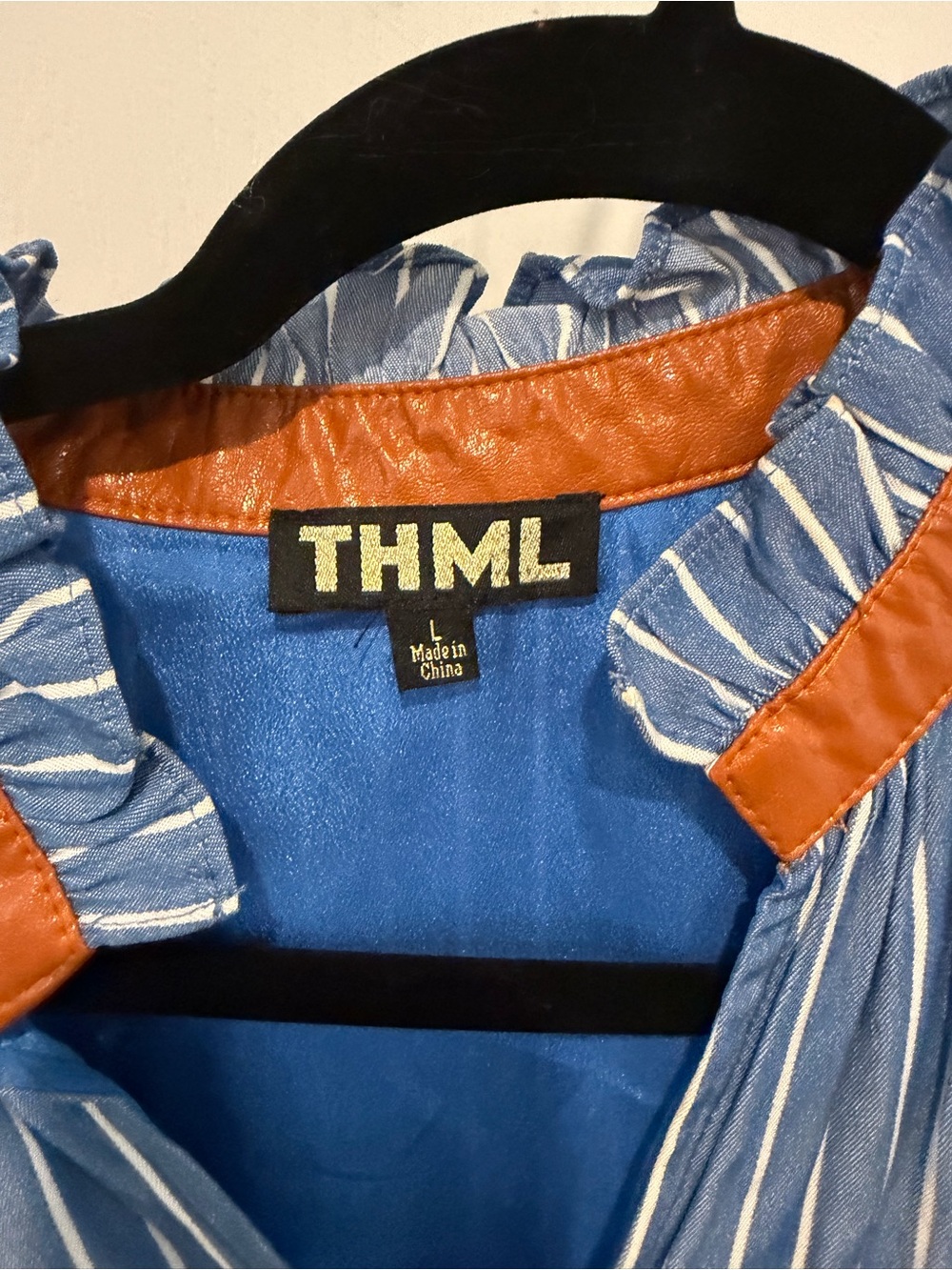 THML Blue Stripe Ruffle Sleeve Shift Dress with faux leather collar - Picture 4 of 4
